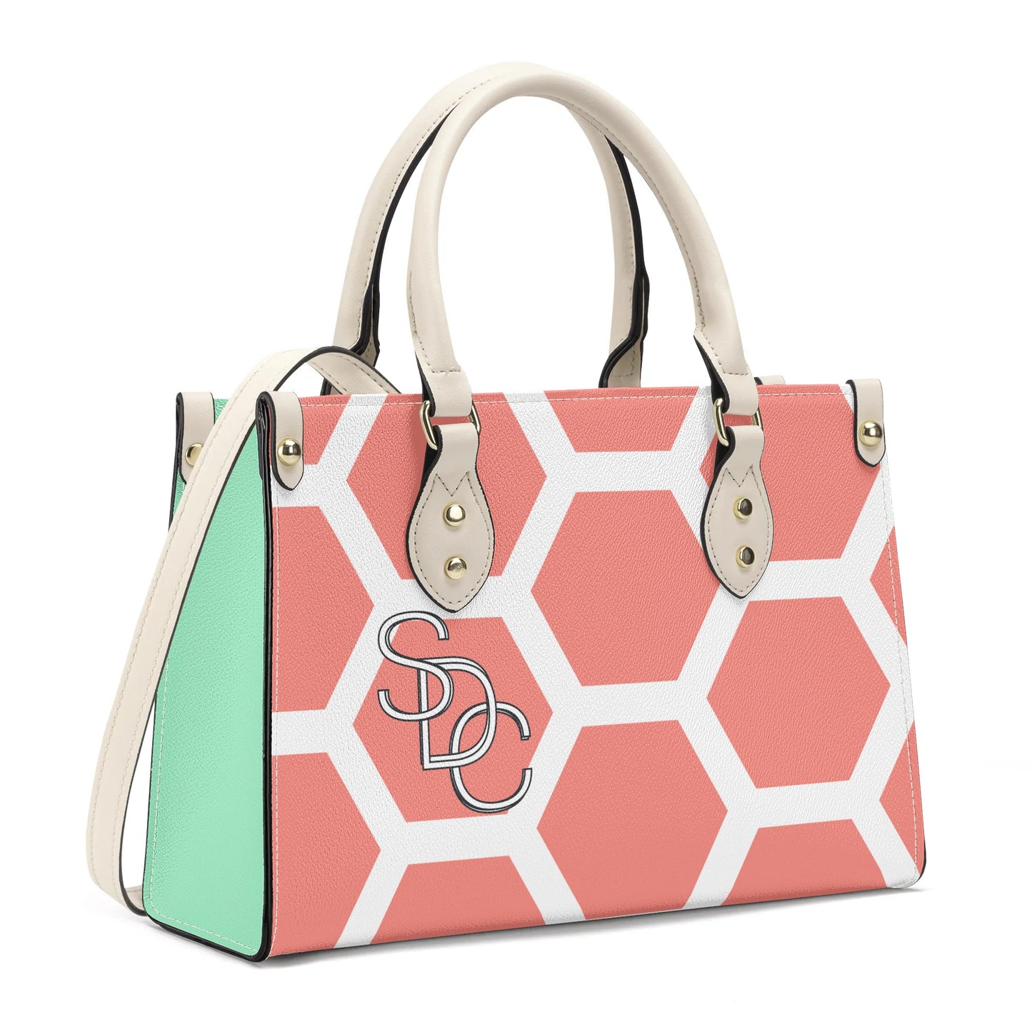 Honeycomb Womens PU Handbag - Seafoam Green/Coral