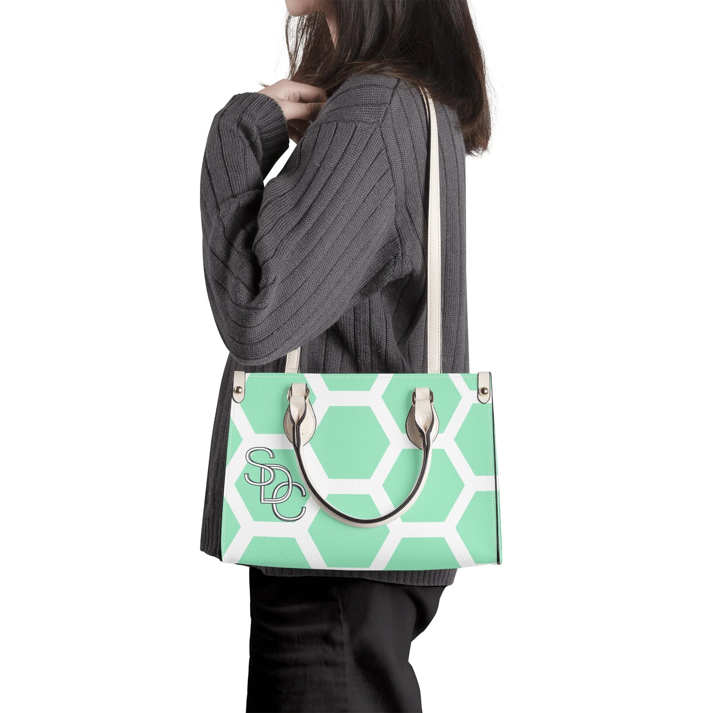 Honeycomb Womens PU Handbag - Seafoam Green/Coral