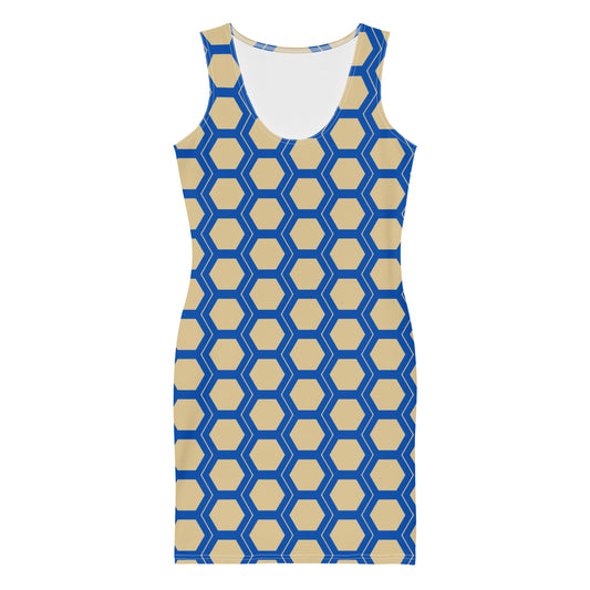 Honeycomb Bodycon Dress - Tan/Cobalt Blue