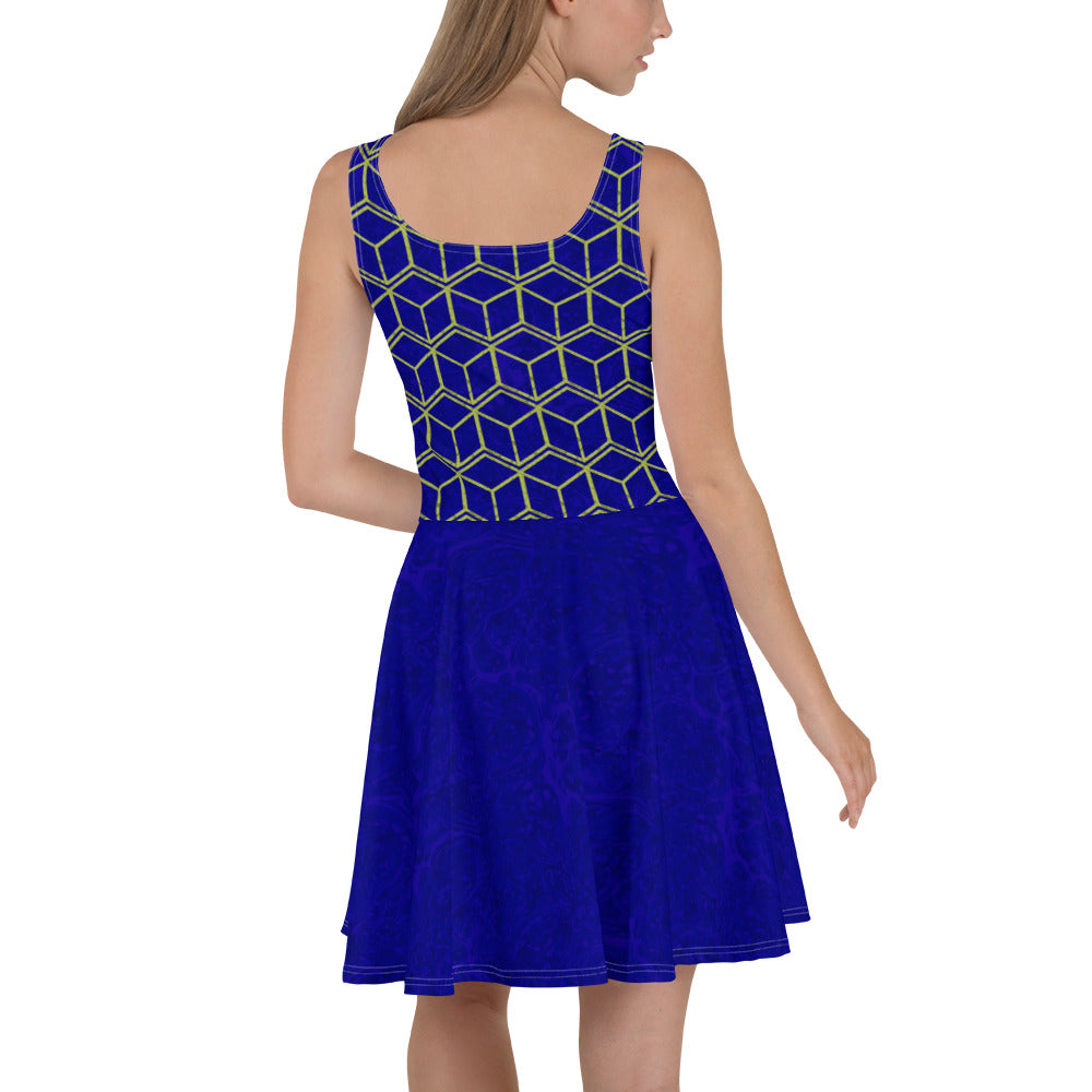 Blue Marble/Golden Squares Skater Dress