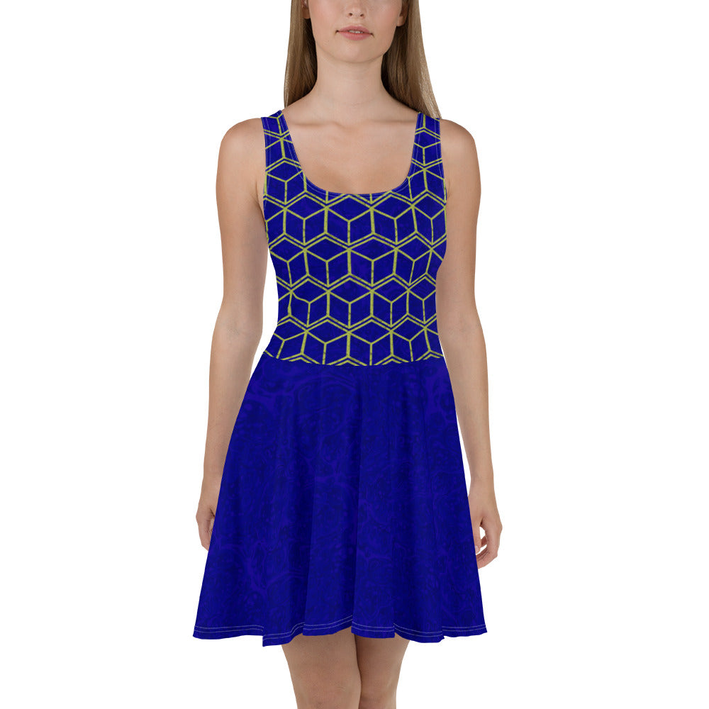 Blue Marble/Golden Squares Skater Dress