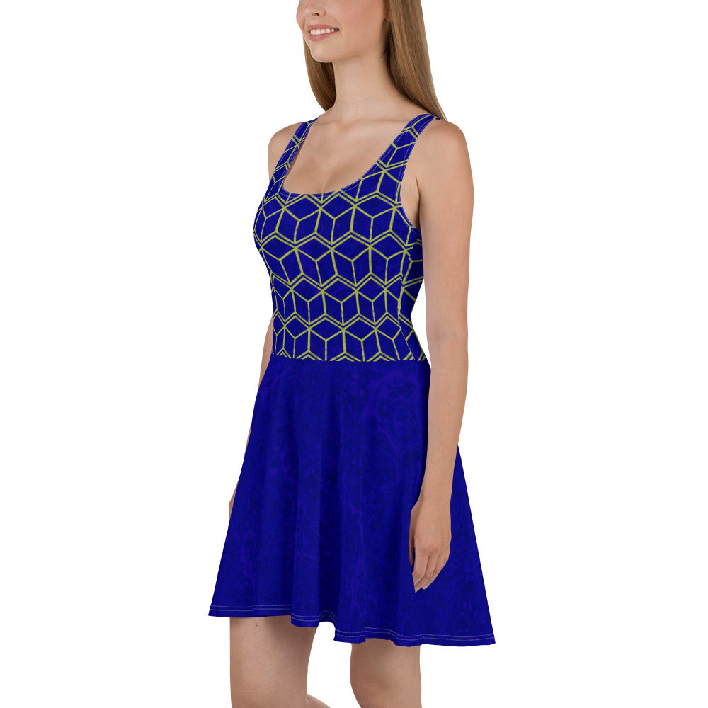 Blue Marble/Golden Squares Skater Dress