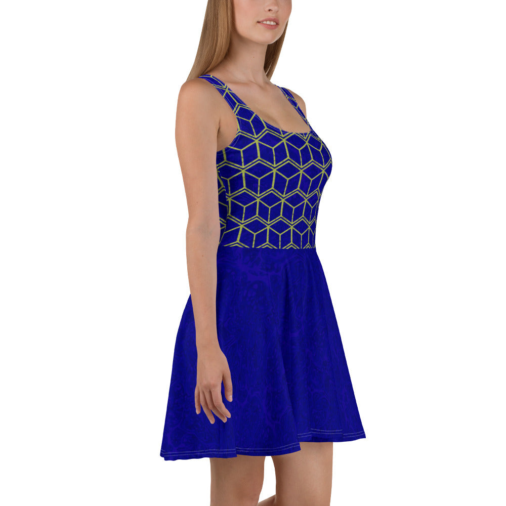 Blue Marble/Golden Squares Skater Dress